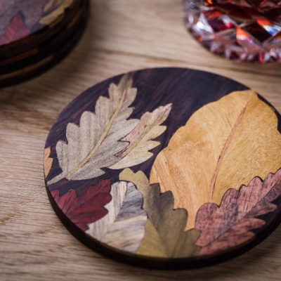 Leaves 4 (Round) Intarsia Wood Inlay Drink Mats/Coasters