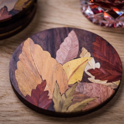 Leaves 1 (Round) Intarsia Wood Inlay Drink Mats/Coasters