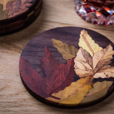 Leaves 5 (Round) Intarsia Wood Inlay Drink Mats/Coasters