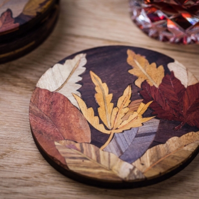 Leaves 3 (Round) Intarsia Wood Inlay Drink Mats/Coasters