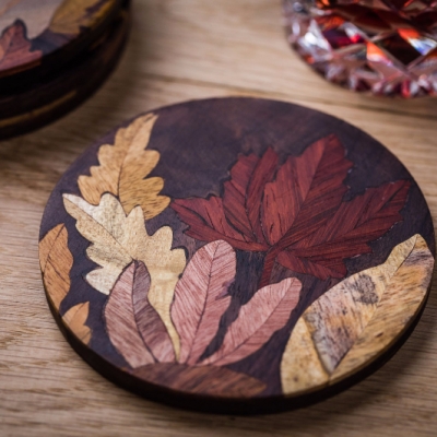 Leaves 2 (Round) Intarsia Wood Inlay Drink Mats/Coasters