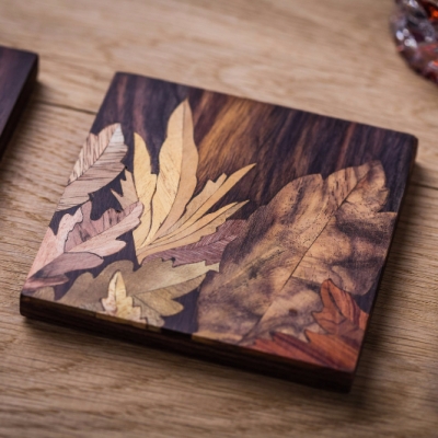 Leaves 4 (Square) Intarsia Wood Inlay Drink Mats/Coasters