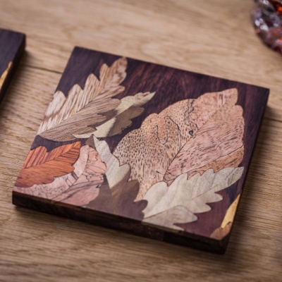 Leaves 6 (Square) Intarsia Wood Inlay Drink Mats/Coasters