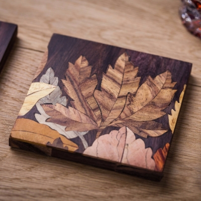 Leaves 5 (Square) Intarsia Wood Inlay Drink Mats/Coasters