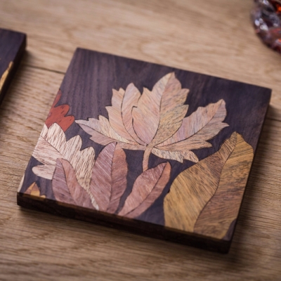 Leaves 7 (Square) Intarsia Wood Inlay Drink Mats/Coasters