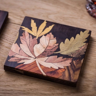 Leaves 2 (Square) Intarsia Wood Inlay Drink Mats/Coasters