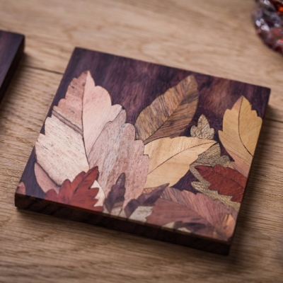 Leaves 3 (Square) Intarsia Wood Inlay Drink Mats/Coasters