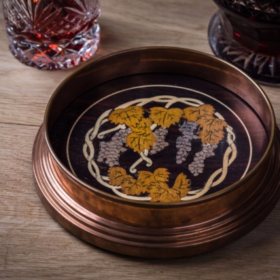 Vine, shown with unfinished copper,  Intarsia Wood Inlay Decanter Coaster