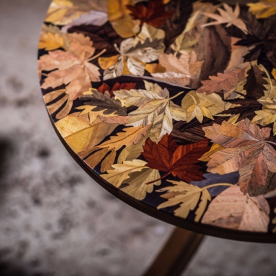 Full Autumn Leaves Intarsia Wood Inlay Coffee Table