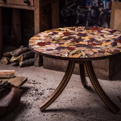 Full Autumn Leaves Intarsia Wood Inlay Coffee Table with laminated legs