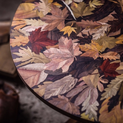 Full Autumn Leaves Intarsia Wood Inlay Coffee Table