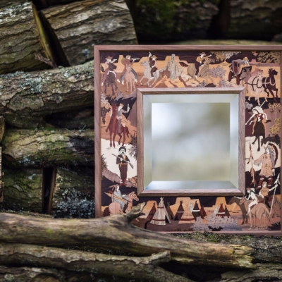 Cowboys and Indians Intarsia Wood Inlay Mirror