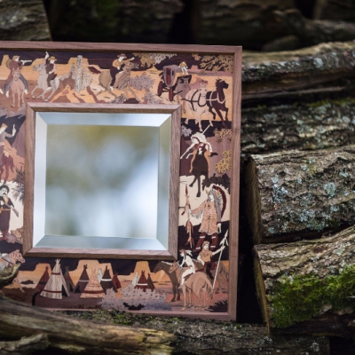 Cowboys and Indians Intarsia Wood Inlay Mirror