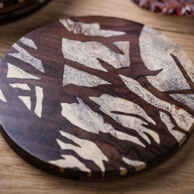 Forest Round Dia. 4 inches or 10cm Intarsia Wood Inlay Drinks Mats/Coasters