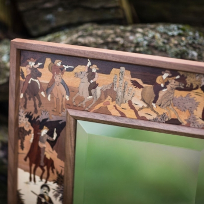 Cowboys and Indians Intarsia Wood Inlay Mirror