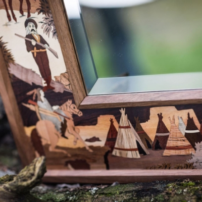 Cowboys and Indians Intarsia Wood Inlay Mirror