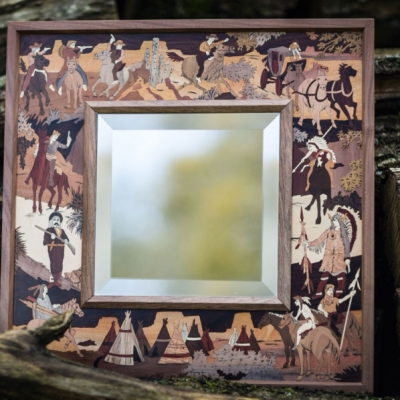 Cowboys and Indians Intarsia Wood Inlay Mirror
