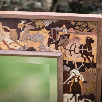 Cowboys and Indians Intarsia Wood Inlay Mirror