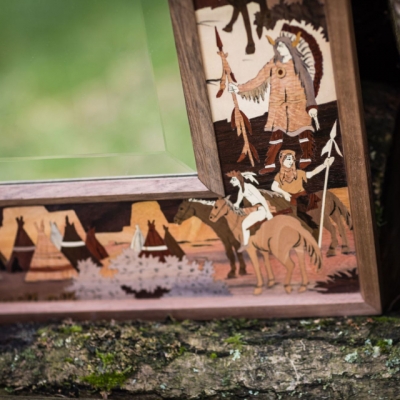Cowboys and Indians Intarsia Wood Inlay Mirror