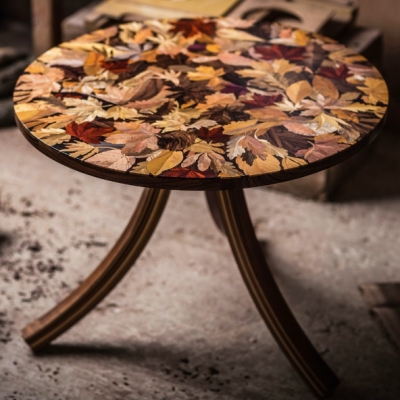 Full Autumn Leaves Intarsia Wood Inlay Coffee Table