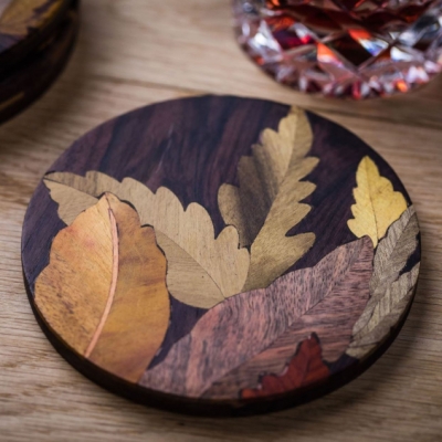 Leaves Round dia. 4 Inches or 10cm Intarsia Wood Inlay Drink Mats/Coasters
